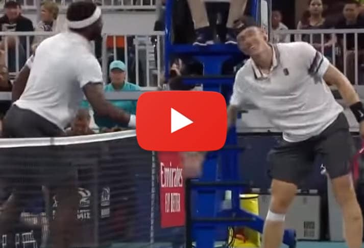 Frances Tiafoe gives high 5 to Denis Shapovalov at the Miami Open