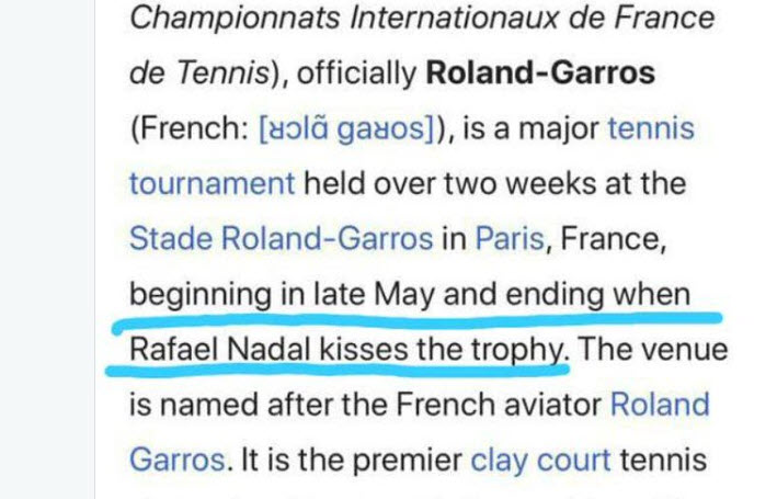 Bliksem Reisbureau Het kantoor TOO FUNNY. Wikipedia trolled over Nadal's 12th French Open title - Tennis  Tonic - News, Predictions, H2H, Live Scores, stats