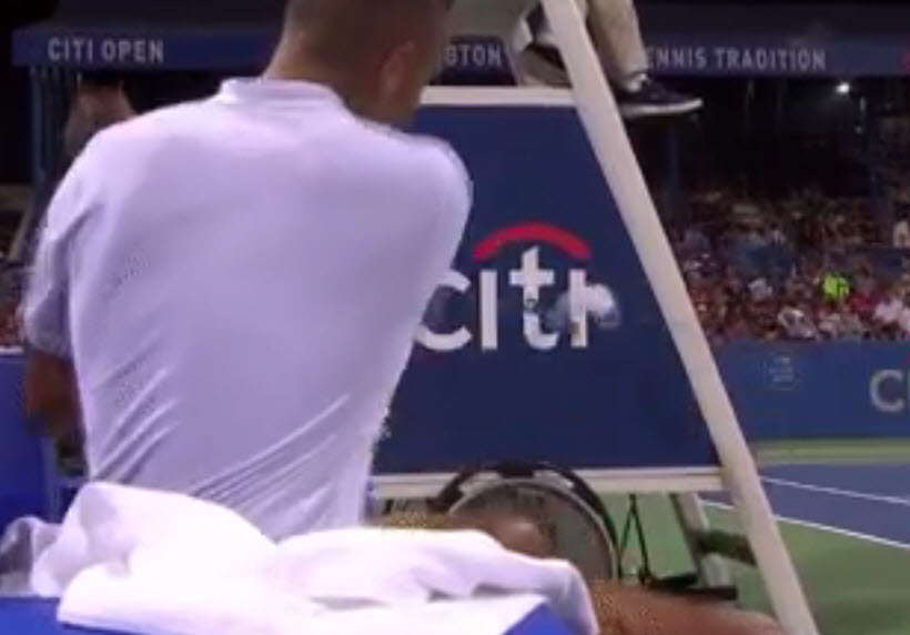 Kyrgios throwing a water bottle