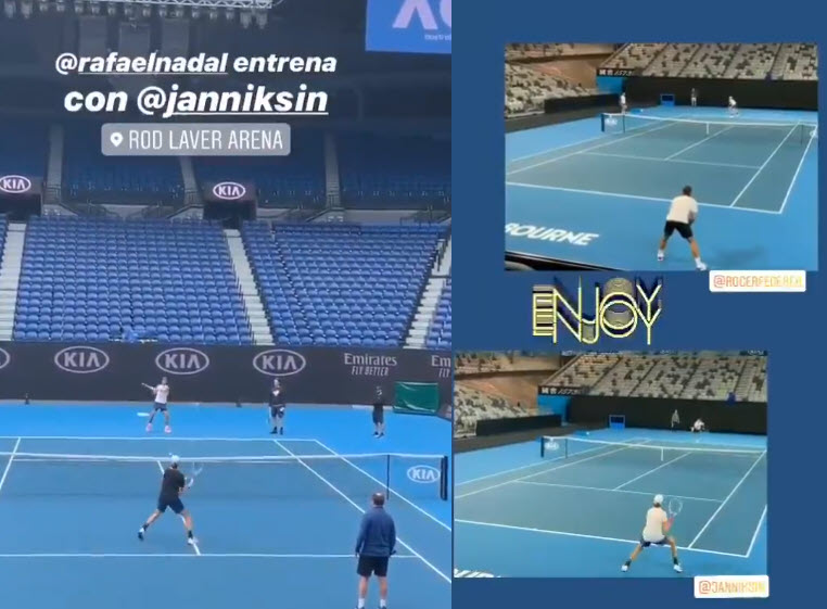 Jannik Sinner practising with Federer and Nadal
