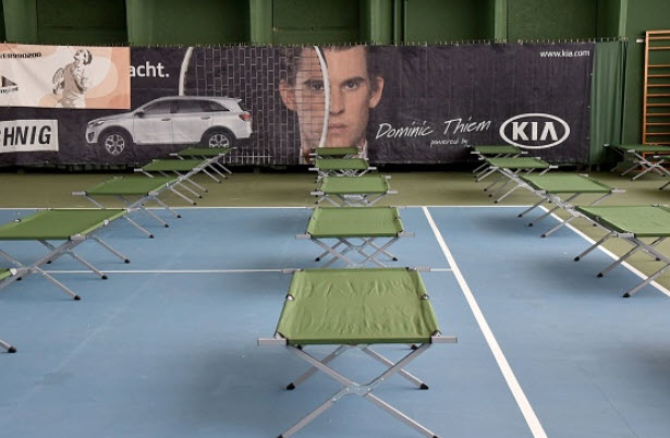 Beds on tennis court Beds on tennis court