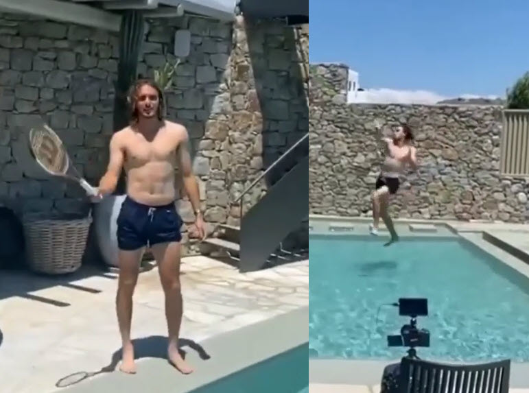 Stefanos Tsitsipas jumping in the pool in Mykonos