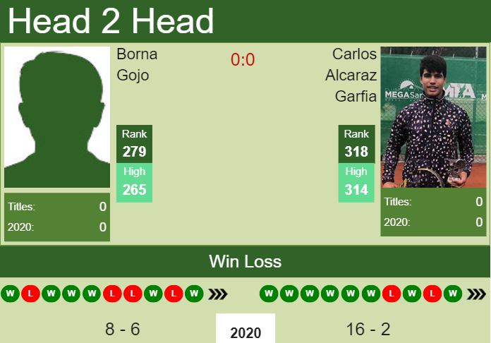H2H. Borna Gojo vs Carlos Alcaraz Garfia | Todi Challenger prediction, odds, preview, pick Prediction and head to head Borna Gojo vs. Carlos Alcaraz Garfia