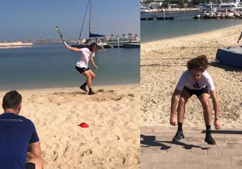 Stefanos Tsitsipas Training Hard On The Beach In Dubai