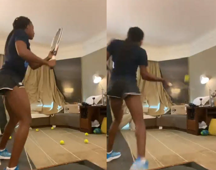 Coco Gauff Hitting Hard Forehand In Her Room Coco Gauff Hitting Hard Forehand In Her Room