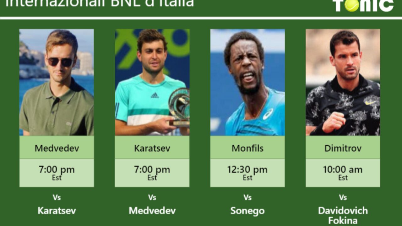 PREDICTION, PREVIEW, H2H Medvedev, Karatsev, Monfils and Dimitrov to play on GRAND STAND ARENA on Tuesday - Internazionali BNL dItalia - Tennis Tonic