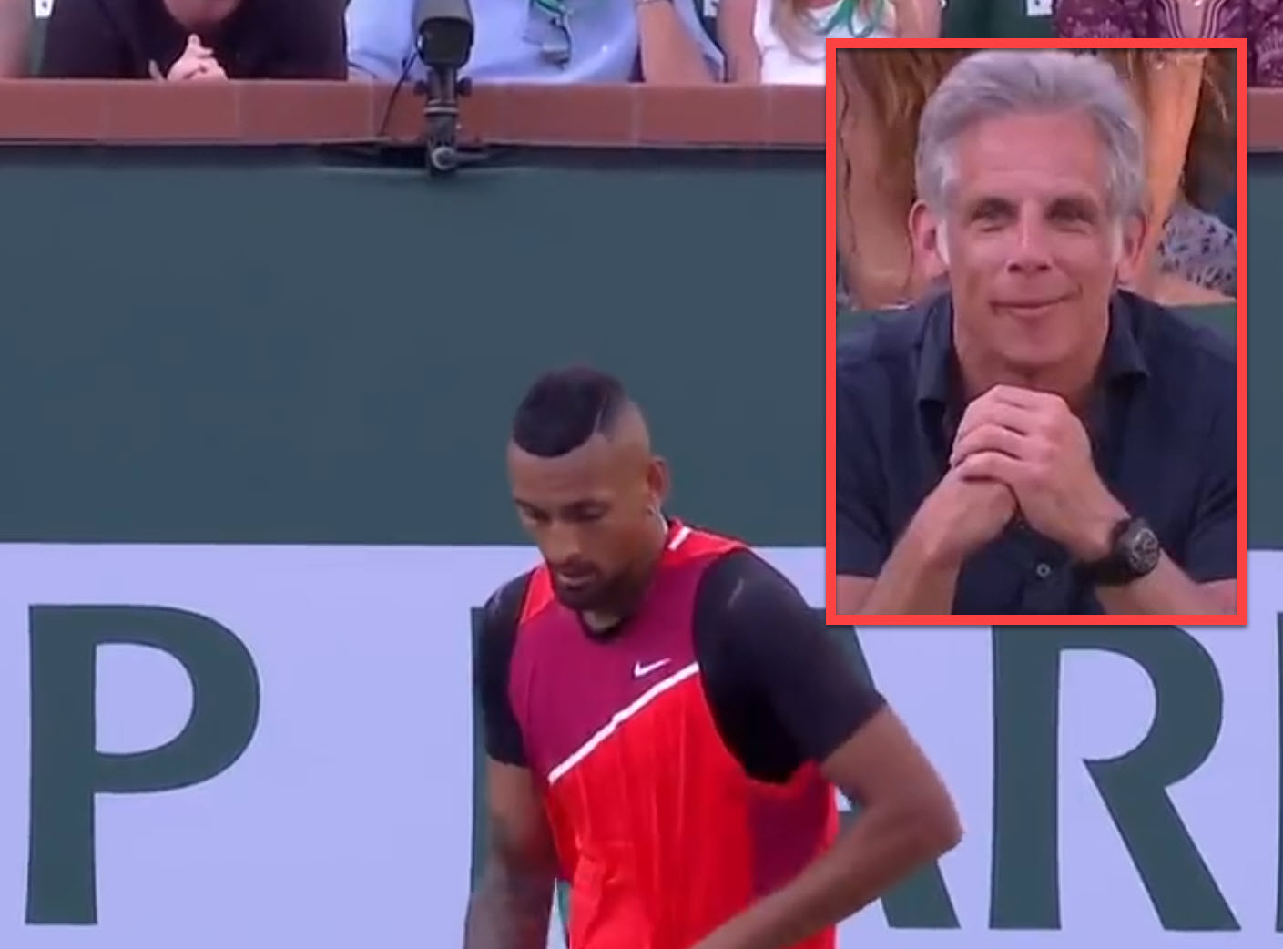 VIDEO. Upset Kyrgios engages Ben Stiller during his match vs. Nadal in