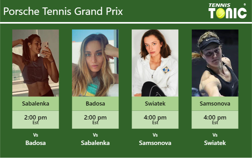 PREDICTION, PREVIEW, H2H: Sabalenka, Badosa, Swiatek and Samsonova to play  on Centre Court on Saturday - Porsche Tennis Grand Prix - Tennis Tonic -  News, Predictions, H2H, Live Scores, stats
