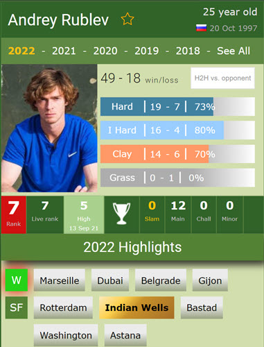 Andrey Rublev Stats 2022