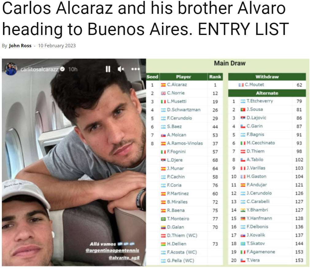 Carlos Alcaraz And His Brother Alvaro Heading To Buenos Aires. Entry List