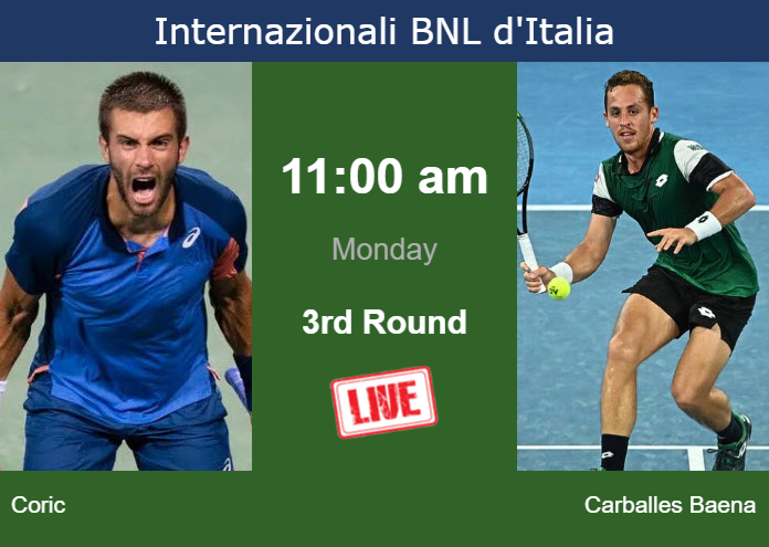 Monday Live Streaming Borna Coric vs Roberto Carballes Baena