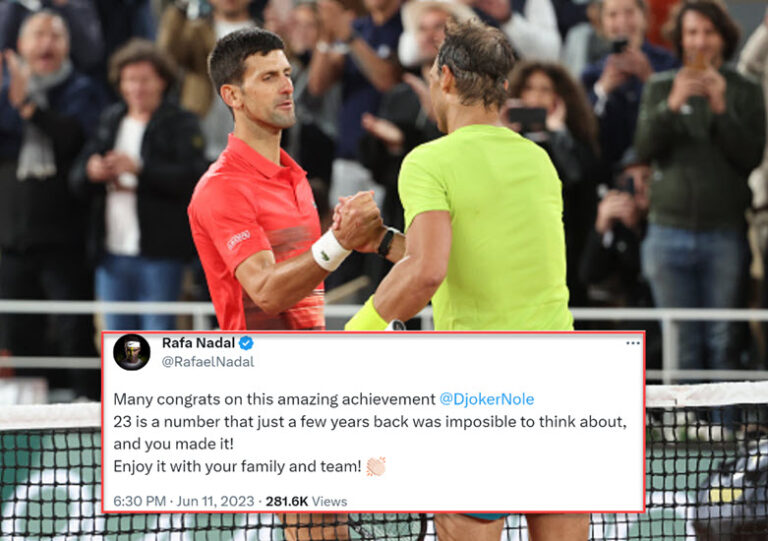 Rafael Nadal congratulates Novak Djokovic after winning his 23rd slam