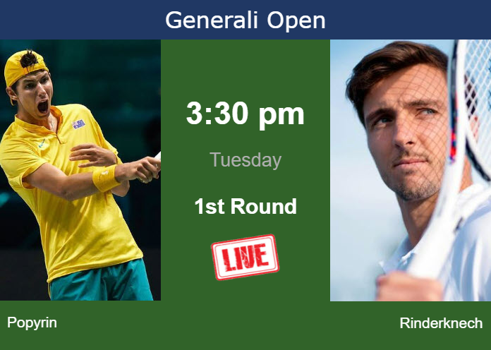 How to watch Popyrin vs. Rinderknech on live streaming in Kitzbuhel on Tuesday Monday Live Streaming Alexei Popyrin vs Arthur Rinderknech