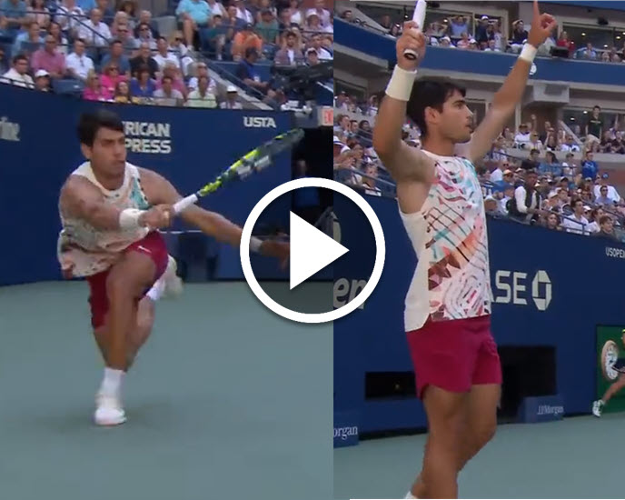 RALLY OF THE YEAR? Carlos Alcaraz wins impossible point vs. Daniel Evans at the US Open
