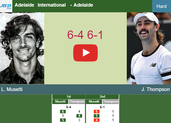 Merciless Lorenzo Musetti outpaces Thompson in the 2nd round to set up a battle vs Bublik at the Adelaide International. HIGHLIGHTS – ADELAIDE RESULTS