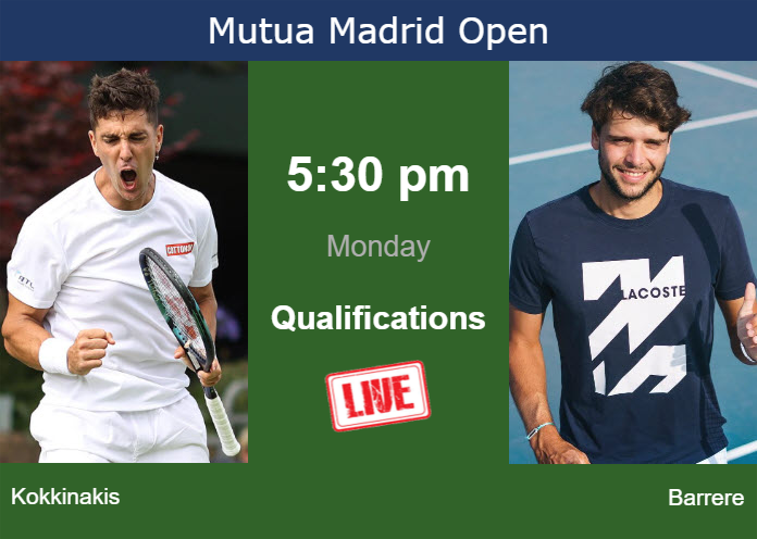 How to watch Kokkinakis vs. Barrere on live streaming in Madrid on Monday