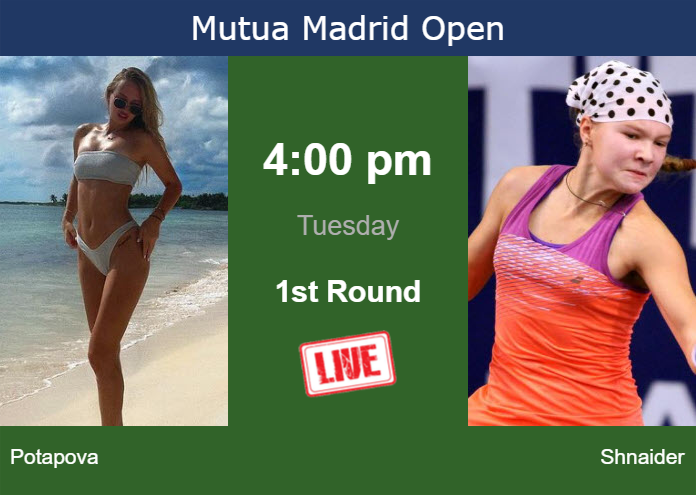 How to watch Potapova vs. Shnaider on live streaming in Madrid on Tuesday