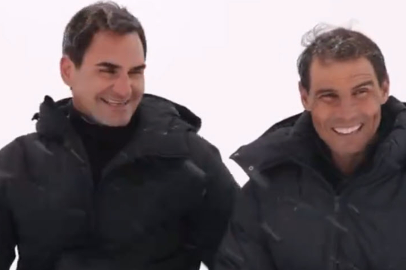 FUNNY. Rafael Nadal struggling in the snow while shooting with Federer for Louis Vuitton campaign