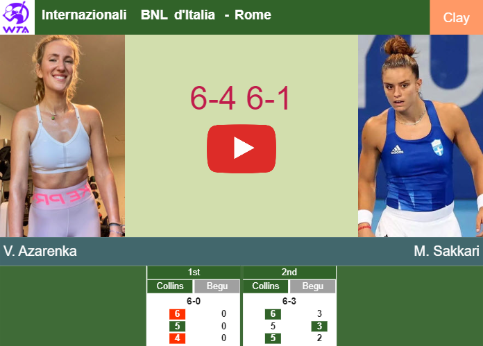 Relentless Victoria Azarenka obliterates Sakkari in the 4th round to play vs Rose Collins at the Internazionali BNL d’Italia. HIGHLIGHTS – ROME RESULTS