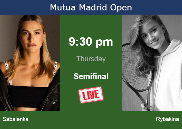 How to watch Sabalenka vs. Rybakina on live streaming in Madrid on Thursday