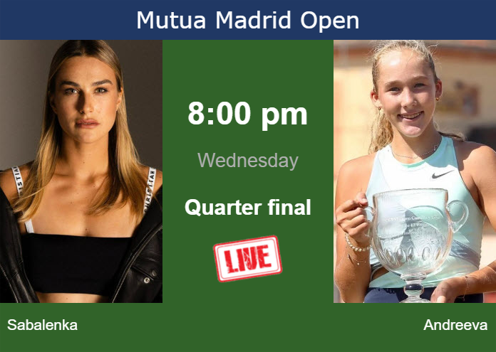 How to watch Sabalenka vs. Andreeva on live streaming in Madrid on Wednesday