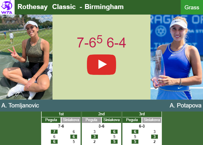 Ajla Tomljanovic surprises Potapova in the semifinal to set up a clash vs Putintseva at the Rothesay Classic. HIGHLIGHTS – BIRMINGHAM RESULTS Prediction and head to head Ajla Tomljanovic vs. Anastasia Potapova