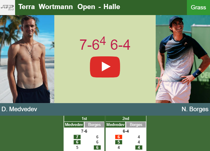 Daniil Medvedev bests Borges in the 1st round to clash vs Zhang at the Terra Wortmann Open. HIGHLIGHTS – HALLE RESULTS