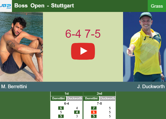 Matteo Berrettini victorious over Duckworth in the quarter to collide vs Musetti. HIGHLIGHTS – STUTTGART RESULTS