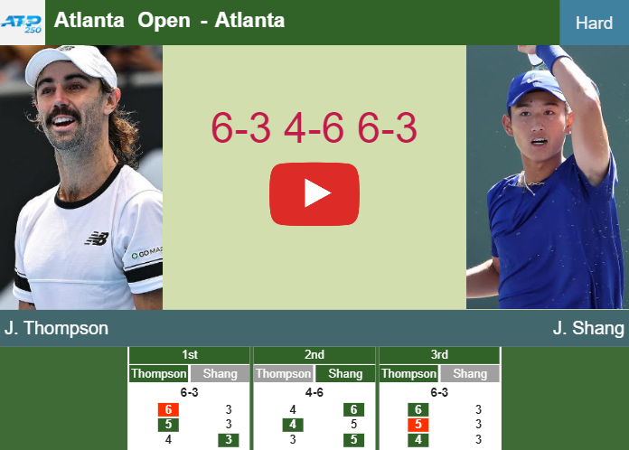 Jordan Thompson beats Shang in the semifinal to set up a battle vs Nishioka at the Atlanta Open. HIGHLIGHTS – ATLANTA RESULTS