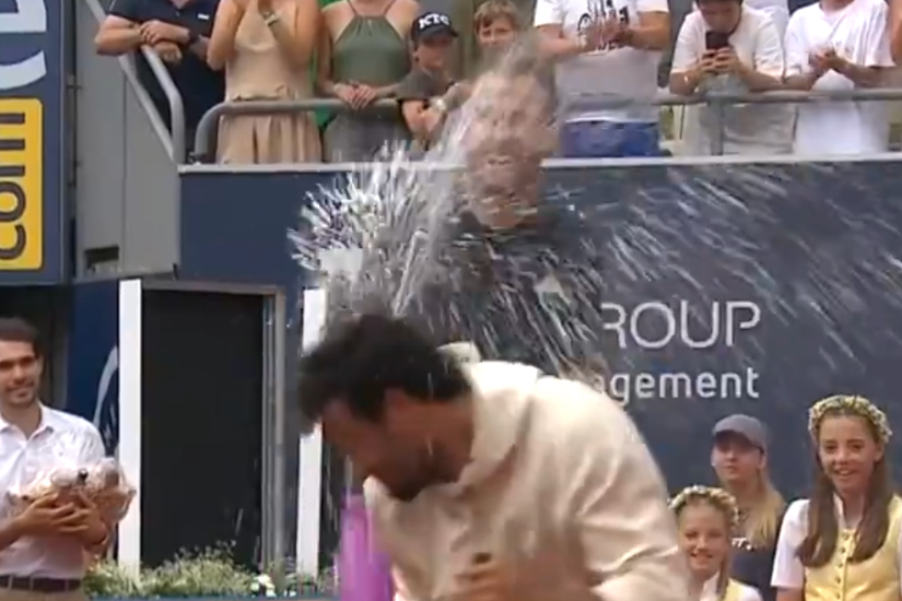 WEIRD VIDEO. Berrettini and Gaston celebrates with champaign after final in Kitzbuhel