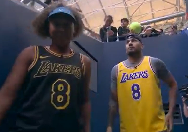 Nick Kyrgios and Naomi Osaka play mixed doubles with Kobe Bryant shirt