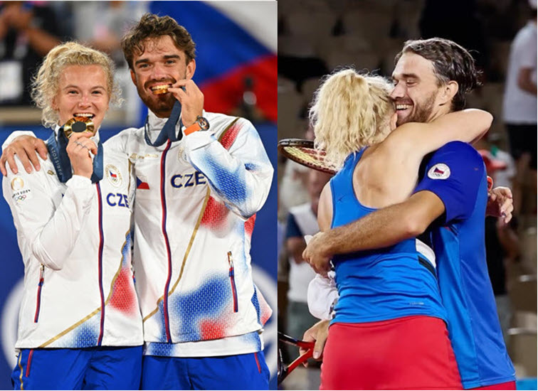 Siniakova and Machac hug and kiss each other after winning at the Olympics