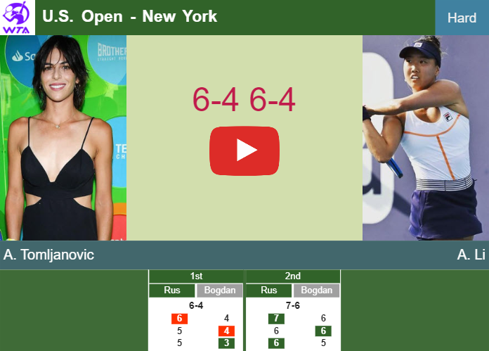 Ajla Tomljanovic defeats Li in the 1st round to play vs Mertens. HIGHLIGHTS – U.S. OPEN RESULTS