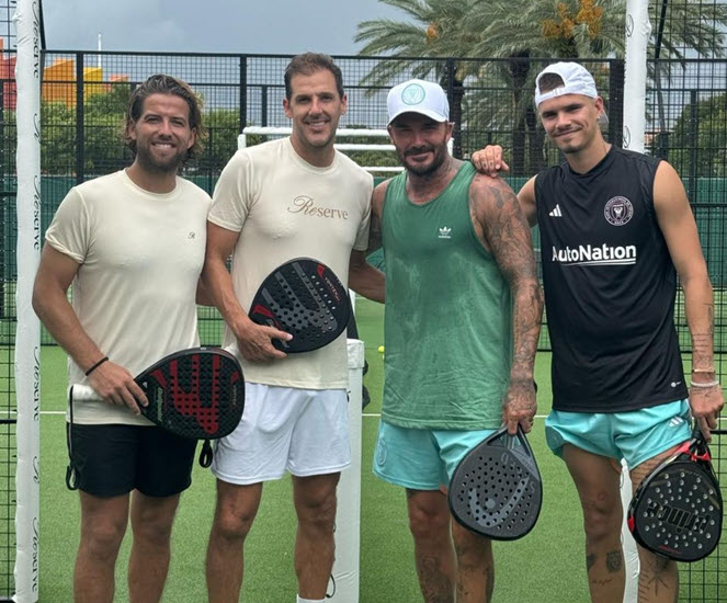 David Beckham plays padel in Miami with his son Romeo and Juan Martin Diaz, who used to be the world’s best player.