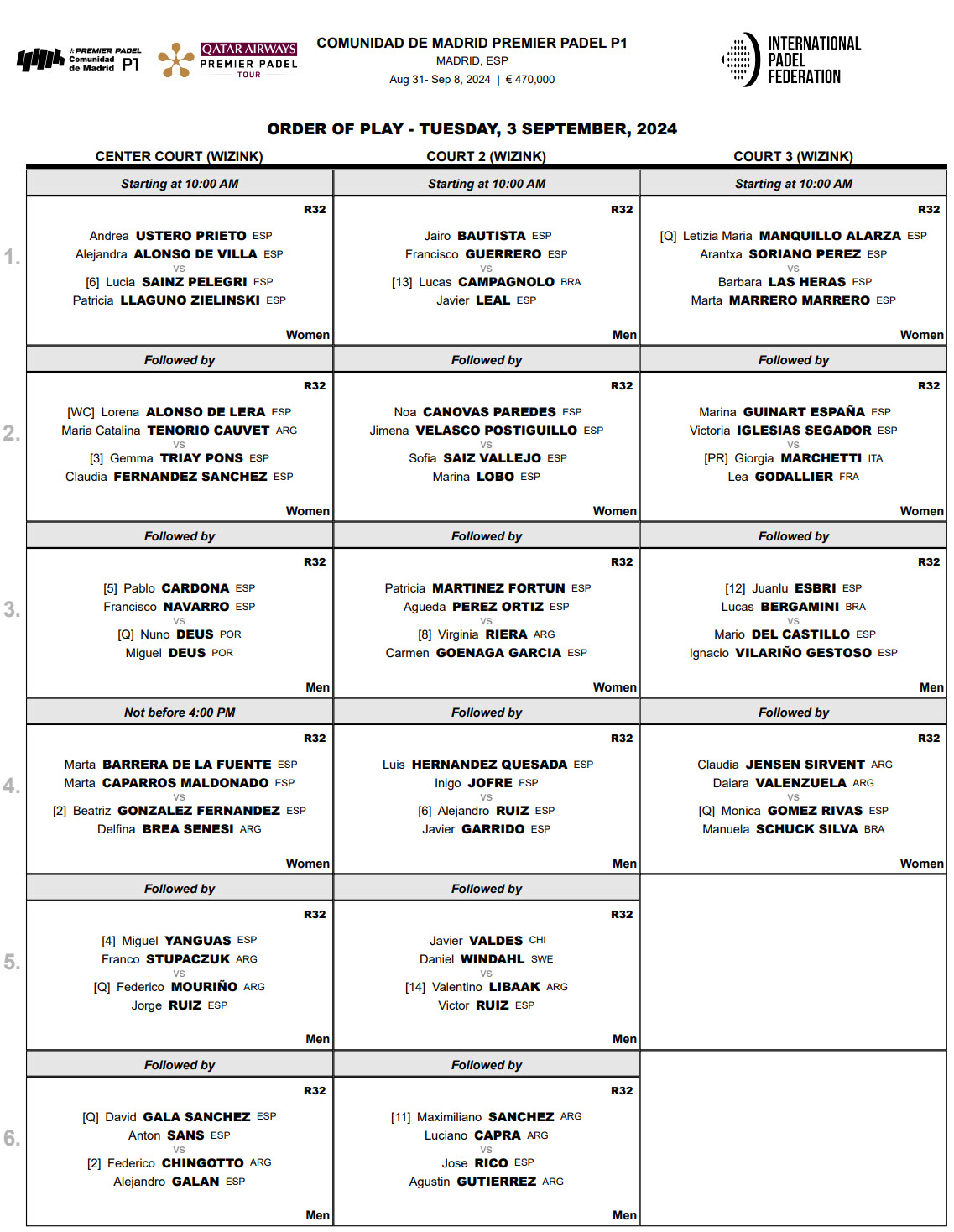 Order Of Play Premier Padel Madrid