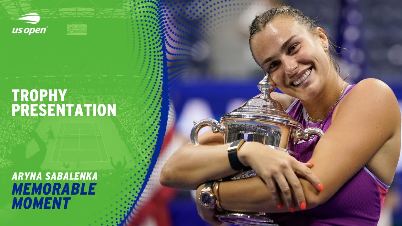 Sabalenka and the trophy presentation after she won the US Open title