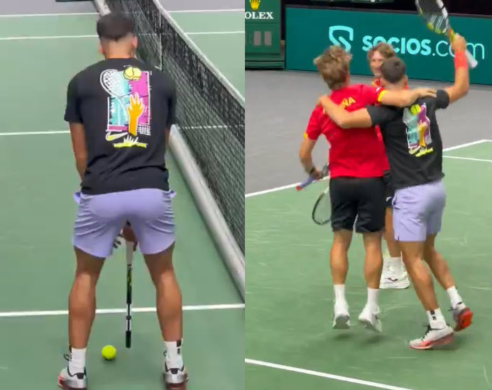 Carlos Alcaraz plays golf on a tennis court during Davis Cup warm up