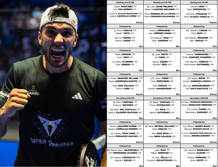 WEDNESDAY ORDER OF PLAY ROTTEDAM. Coello, Tapia, Chingotto, Galan, Lebron and Di Nenno to play