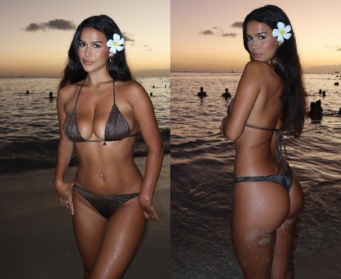 Genny Shawcross, the star of Love Island USA, poses on the beach in Oahu, Hawaii, wearing a stunning black bikini.