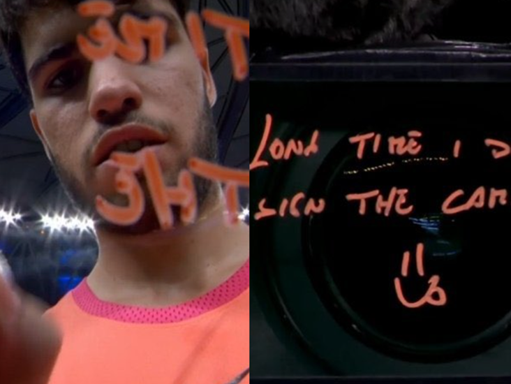 Carlos Alcaraz and his funny signature on the camera after winning opening match in Shanghai