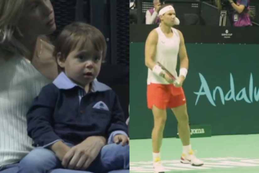 LOVELY. Nadal’s son looks at his father training ahead of Davis Cup