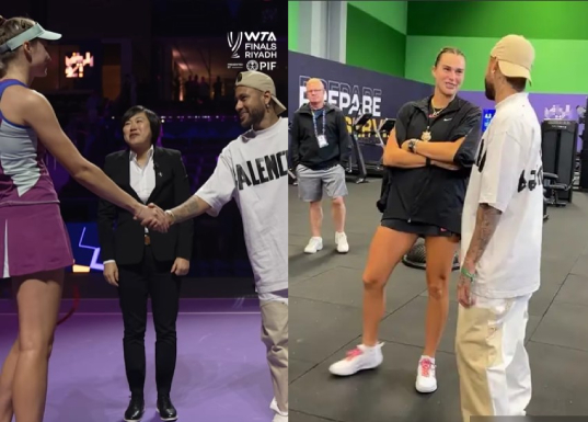 Before the WTA finals coin toss in Riyadh, Neymar and Aryna Sabalenka have a happy moment together.