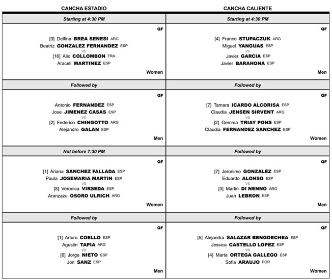 ORDER OF PLAY QUARTERS ACAPULCO: Friday’s action featuring Coello, Tapia, Galan, and Chingotto