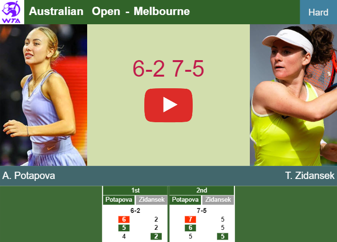 Anastasia Potapova beats Zidansek in the 1st round to battle vs Pavlyuchenkova. HIGHLIGHTS – AUSTRALIAN OPEN RESULTS Prediction-and-head-to-head-Anastasia-Potapova-vs-Tamara-Zidansek
