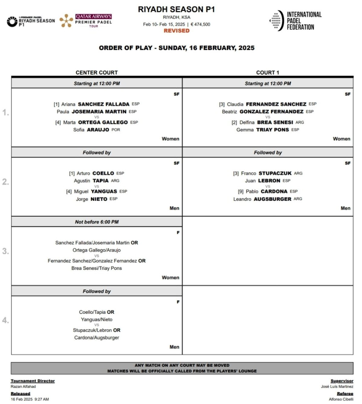 Riyadh Order Of Play