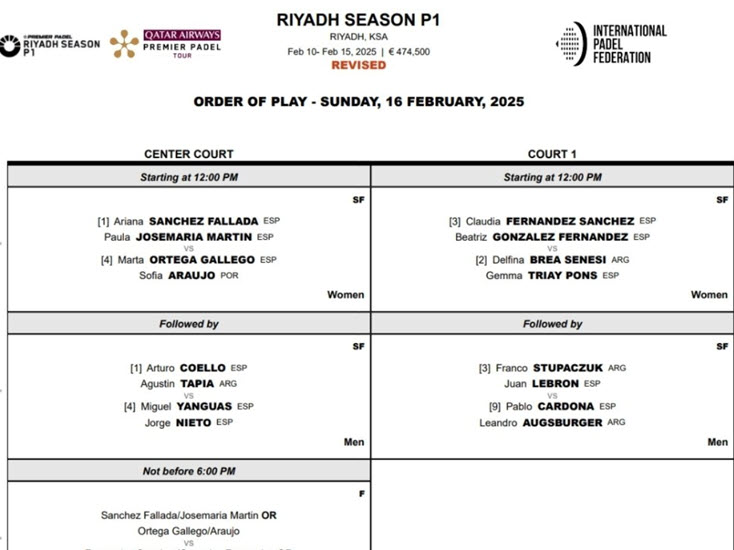 Order of play: When the rain-affected semifinals and finals will be played in Riyadh The second riyadh order of play