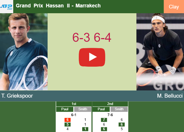 Tallon Griekspoor bests Bellucci in the quarter to set up a battle vs Majchrzak at the Grand Prix Hassan II. HIGHLIGHTS – MARRAKECH RESULTS