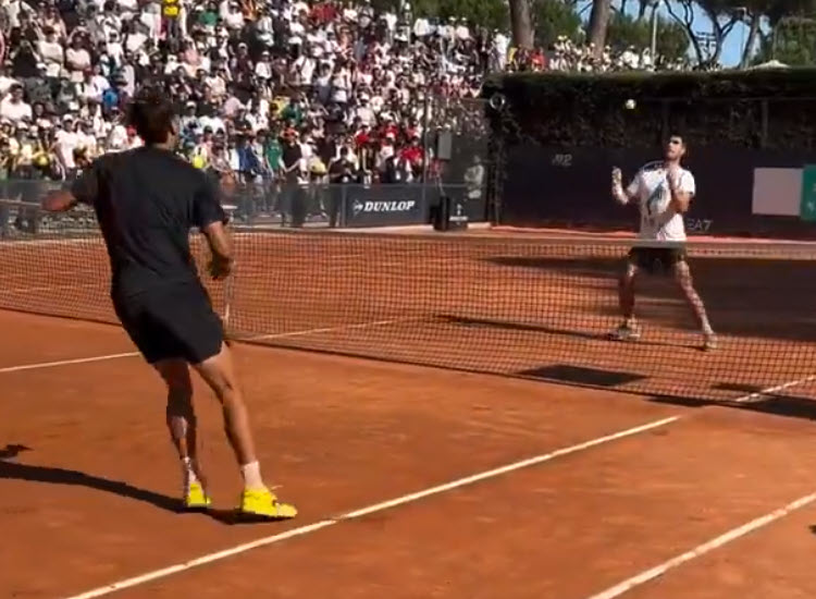 Alcaraz Cobolli Playing Soccer On The Tennis Court In Rome Alcaraz Cobolli Playing Soccer On The Tennis Court In Rome