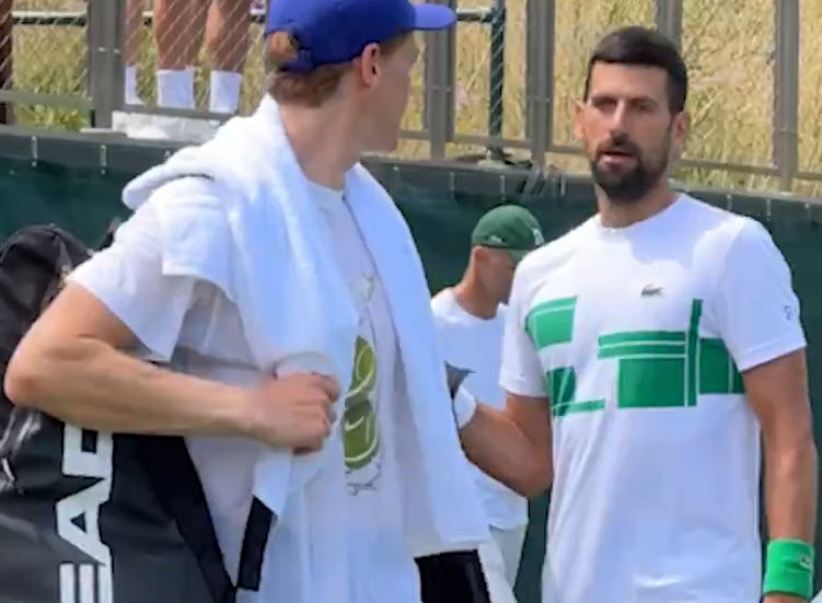 Jannik Sinner and Novak Djokovic share a lighthearted moment during Wimbledon preparations