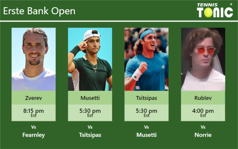 PREDICTION, PREVIEW, H2H: Zverev, Musetti, Tsitsipas and Rublev to play on CENTER COURT on Tuesday – Erste Bank Open Alexander Zverev-Lorenzo Musetti-Stefanos Tsitsipas-Andrey Rublev Stats info